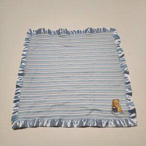 Classic Pooh  lovey security blanket blue stripes satin trim Winnie the Pooh